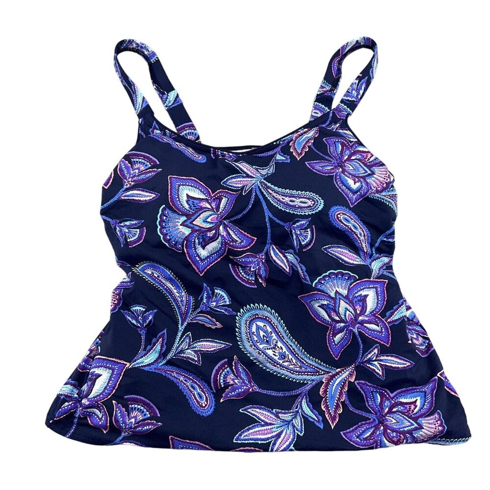 Lands End Tankini Top Women 6 Blue‎ Purple Floral Paisely Layered Bra Wide Strap